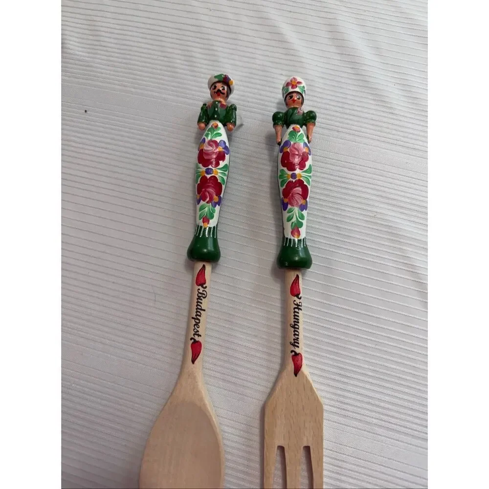 Vintage Hungarian Lady and Man Wood Salad Serving Fork and Spoon